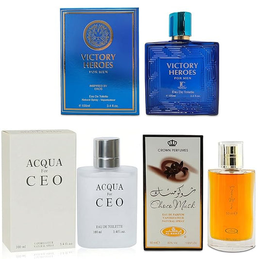 3Pack Men Colognes Choco Musk&Aqua CEO&Victory Heroes Eau De Parfume Spray with Woody Floral & Fruity Scent Perfume Gift Set Day to Night Luxury Fragrances