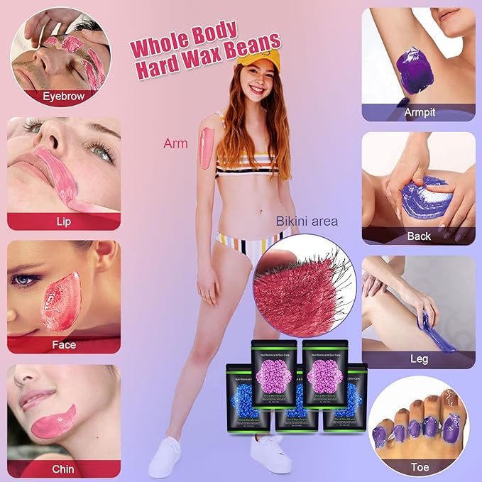Wax Beads for Hair Removal 1.1 lb (17.6 oz), Hard Wax Beads for Sensitive Skin - Brazilian, Face, Bikini, Legs, Eyebrow, Painless Waxing Beads Kit for Women Men, 5 Packs with 10 Wax Sticks
