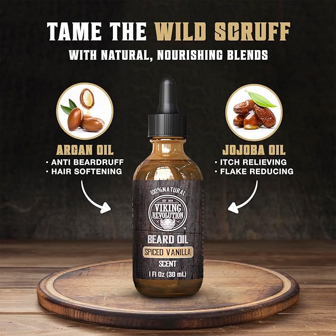 Viking Revolution Beard Oil for Men - Natural Mens Beard Oil with Argan Oil and Jojoba Oil - Beard Softener,Strengthens and Moisturizes - Beard Conditioner for Men (Spiced Vanilla, 1 Pack)