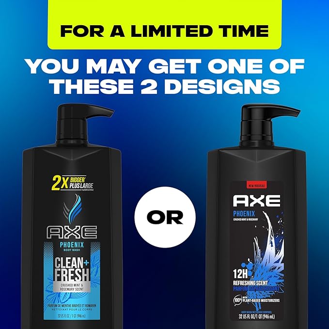 AXE Men's Body Wash & Shower Gel, Phoenix, 3-Pack, 12H Invigorating Crushed Mint & Rosemary Scent, 32 Fl Oz Ea