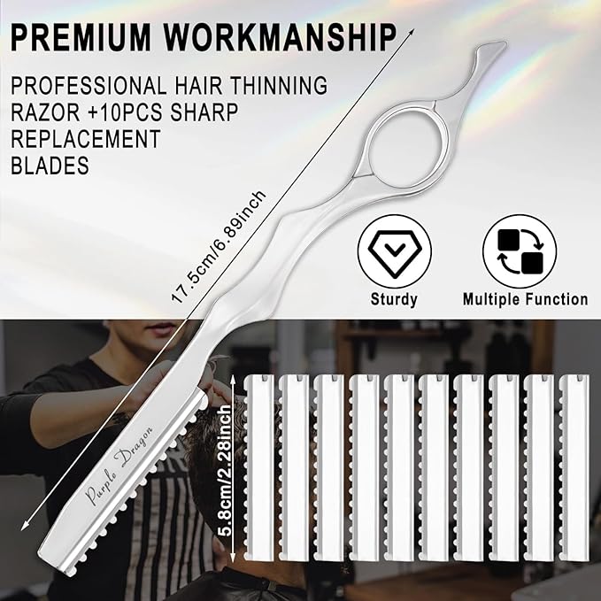 Hair Razors For Cutting Hair 7" Mental Thinning Styling Razors with 10 PCS Sharp Stainless Steel Blades Professional Hair Styling Tool for Salon and Home (Silver)