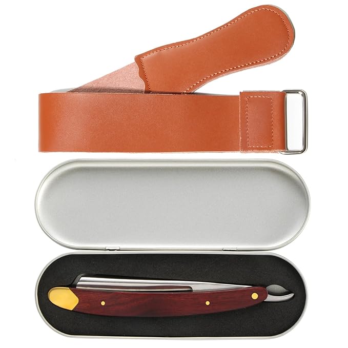 Straight Razors for Men Vintage Straight Razor with Wooden Handle and Steel Straight Razor Blade - Professional Straight Edge Barber Razor Set with Iron Box and Leather Strop