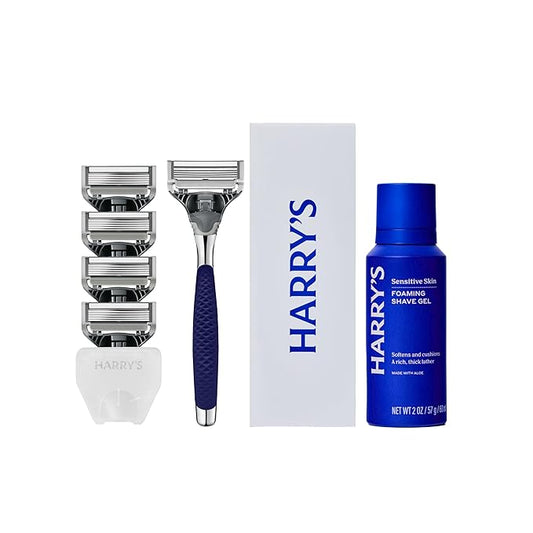 Harry's Original Shaving Kit for Men - Razor Handle, 5 Razor Blade Refills, Foaming Shave Gel, Travel Blade Cover - German Engineered - Chrome Edition