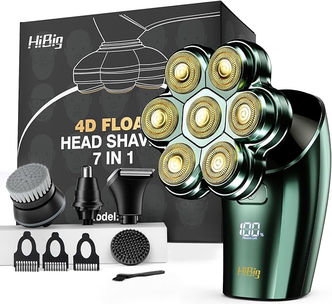 Head Shavers for Bald Men - 7D Arc Magnetic Detachable Electric Razor, Waterproof Wet Dry 5-in-1 Electric Shaving & Grooming Kit, LED Display Rechargeable Head & Body Hair Shaver, Green