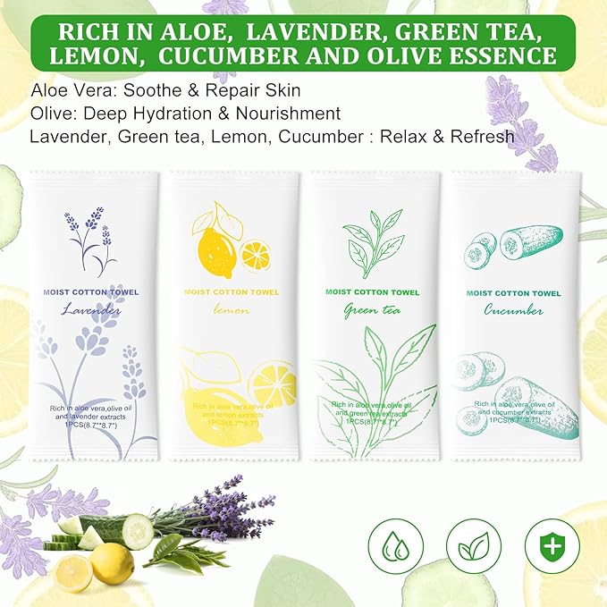 Moist Cotton Towel Bulk Moist Towelettes Individually Wrapped,White Towel Services,Refreshment Pre Moistened Towels for Dentist Travel Sport Party Hotel 20，Lavender,Green tea, Lemon and Cucumber