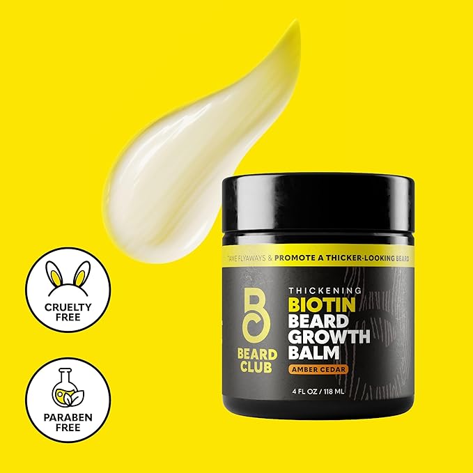 The Beard Club Biotin Beard Balm for Men - Beard Growth Shea Butter with Castor & Coconut Oil - Moisturizing, Hydrating and Softening Cream - Amber Cedar Scent - 4 oz