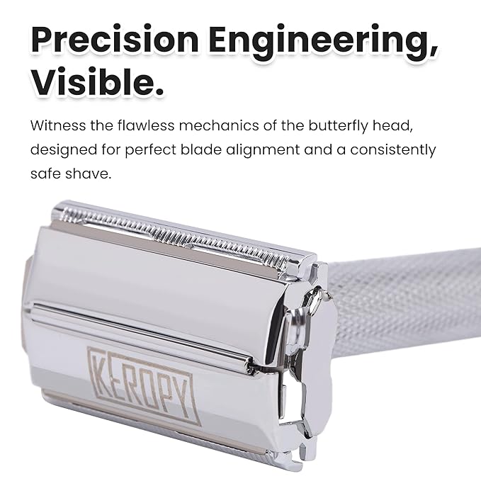 Safety Razor for Men, Premium Stainless Steel Butterfly Open Comb DE Razor, Weighted Heavy Handle with 10 Double Edge Blades, Mirror Polished Silver - Luxury Gift Set for Dad, Groom