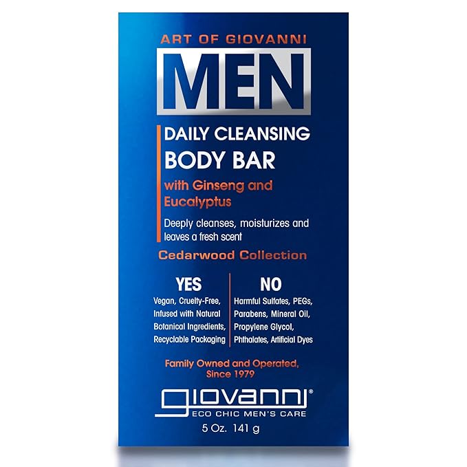Giovanni Menâ€™s Daily Cleansing Body Bar, with Ginseng and Eucalyptus, Deeply Cleanses & Moisturizes for Hydrated Skin, Menâ€™s Cedarwood Collection For All Skin Types, Vegan-Friendly - 5 oz