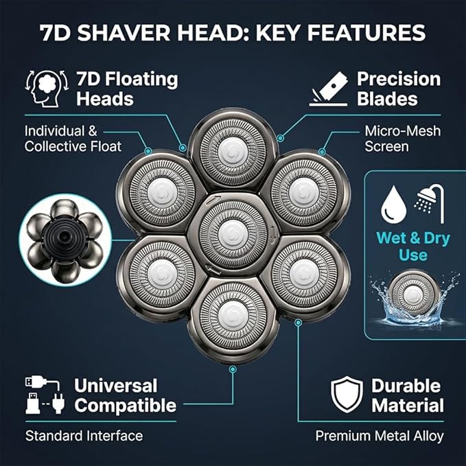 7D Head Shavers Replacement Blades, Electric Head Shavers for Bald Men Replacement Heads, 7 Blades Floating Rotary Shavers Heads Compatible, Men's Head Shaver Blade, Wet & Dry Washable