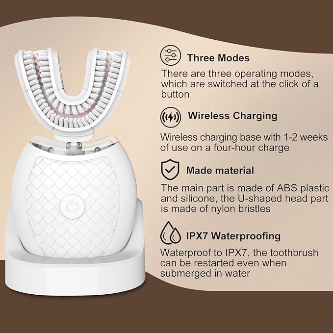Electric U Shaped Toothbrush for Adult,360 Degree Automatic Cleaning, Ultrasonic Tooth Brush has 23760 Nylon Bristles and 3 Modes Standard, Fast, Ultra Fast(White)