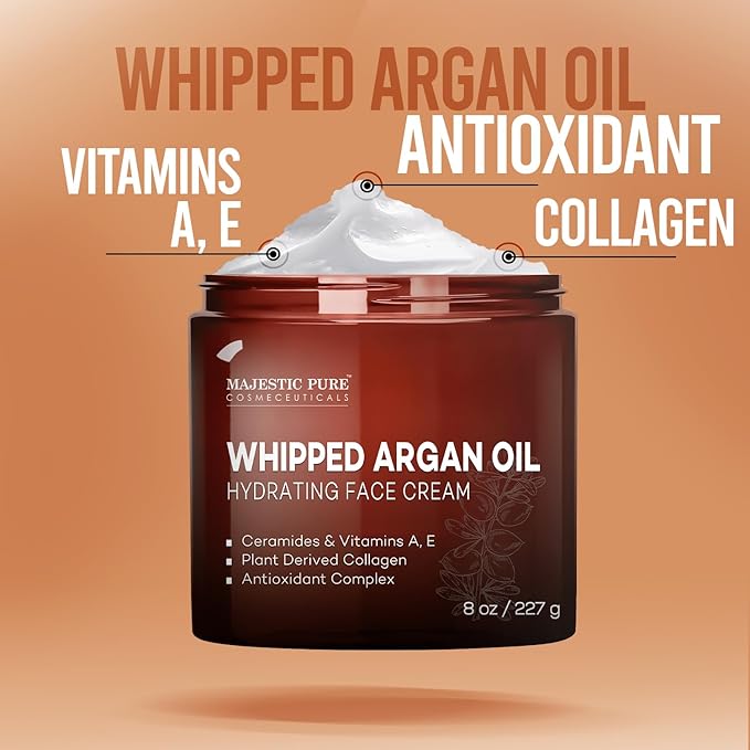 Majestic Pure Whipped Argan Oil Moisturizer Face Cream for Women & Men - With Vitamin E A, Collagen & Ceramides - Hydrates Dry Skin, Oily Skin, Reduces Appearance of Fine Lines – 8oz (Pack of 2)