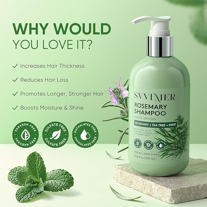 Svvimer Rosemary Hair Growth Shampoo - Thickening and Regrowth Formula for Men & Women - Strengthening Shampoo with Tea Tree Oil Biotin - For Thinning Hair and Hair Loss 11.8 fl.oz