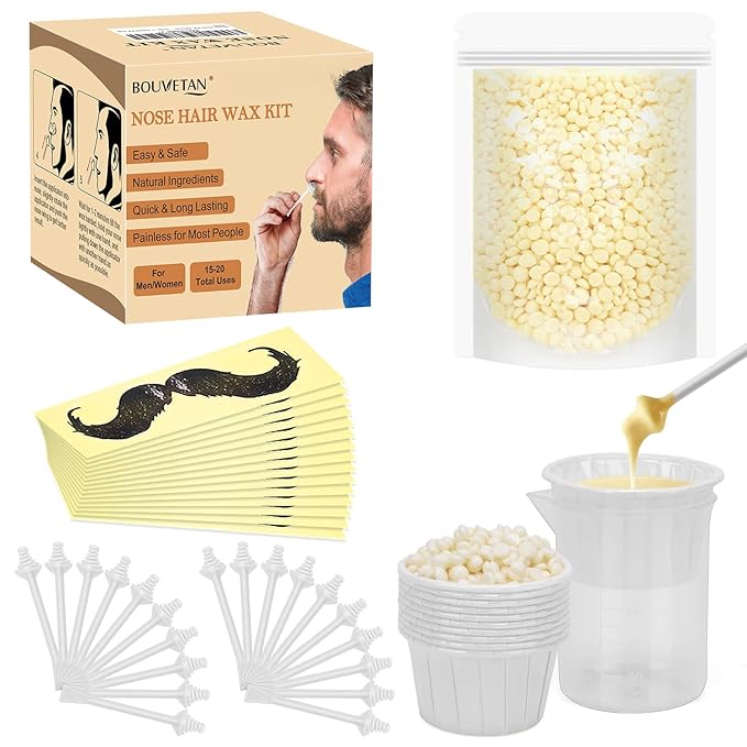 Nose Wax Kit Men Women, Bouvetan Nose Hair Waxing Kit with 100g Nose Hair Wax Beads (15-20 USES), 20 Applicator, 15 Mustache Protector, 10 Paper Cups, 1 Measuring Cup - Easy and Quick, Instant