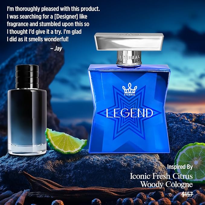 Eternal Legend - Inspired by Iconic Fresh Citrus Woody Cologne - 3.4 oz (100ml) - EDP - Long-lasting - Vegan - Clean Ingredients - Cologne Spray for Men - 2000 sprays per bottle
