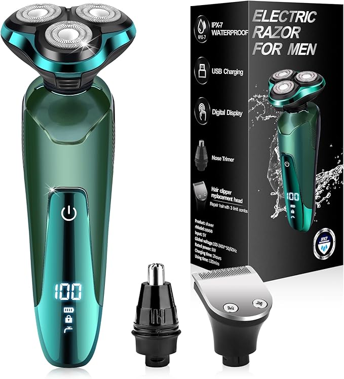 Electric Razor for Men, Electric Shavers for Men's Faces, Detachable Blade 3D Rotary for Shaving with Nose Trimmer Face Cleaning Brush Head Shavers, Wet/Dry/Waterproof Razors for Men Matte Green
