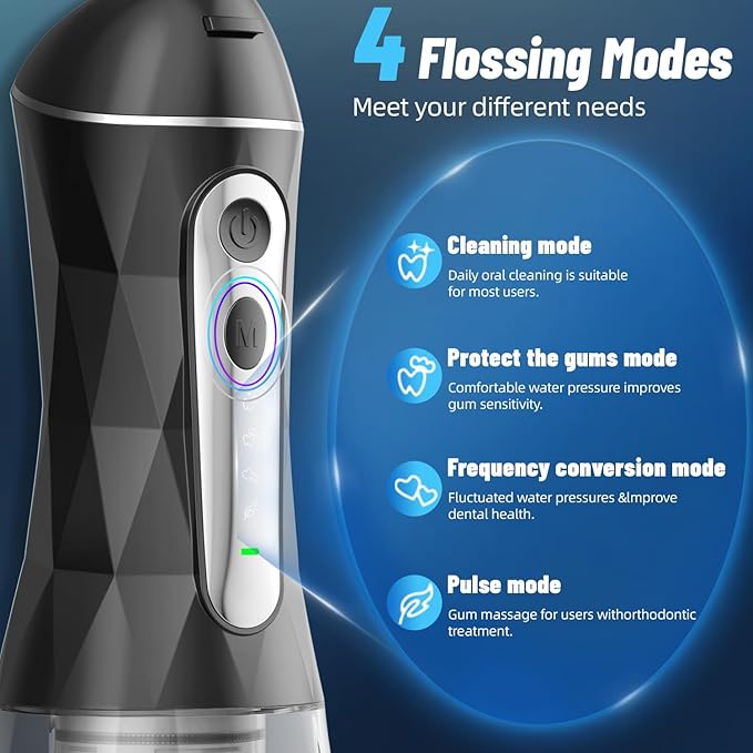 Water Dental Flosser Teeth Pick: Portable Cordless Oral Irrigator 320ML Rechargeable Travel Irrigation Cleaner IPX7 Waterproof Electric Flossing Machine for Teeth Cleaning (Black)