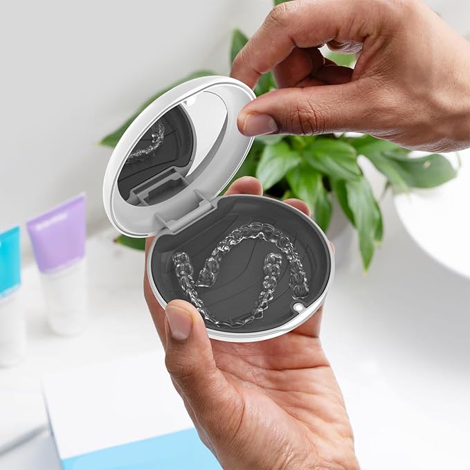 2 Pack Retainer Case with Mirror, Compatible with Invisalign, Orthodontic Aligner Case with Removal Tool and Brush, White