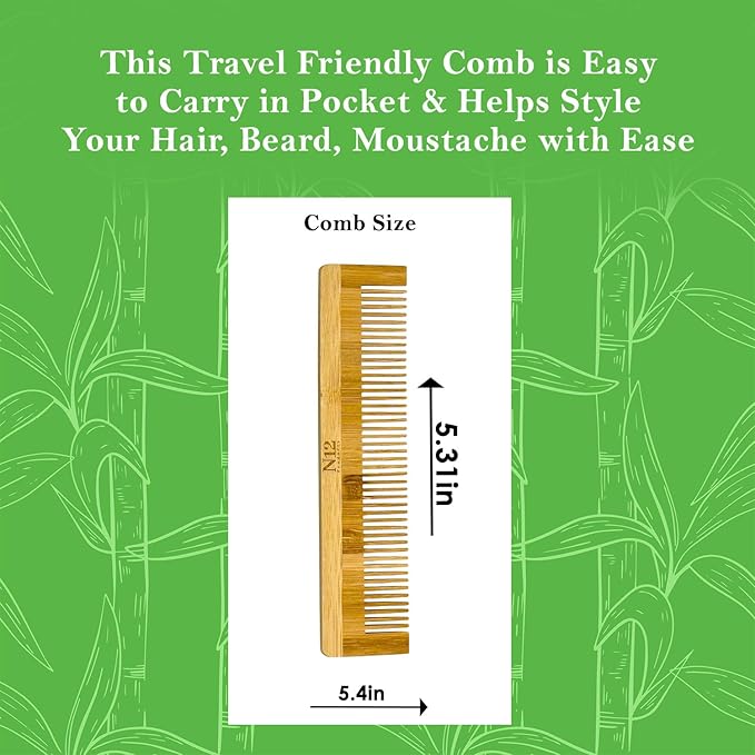 5 Bamboo Wood Pocket Beard Comb Set of 5, 100% Natural wooden combs for Beard, Hair, Mustache, Men & Women, Travel-Friendly, Eco-Friendly Grooming Solution