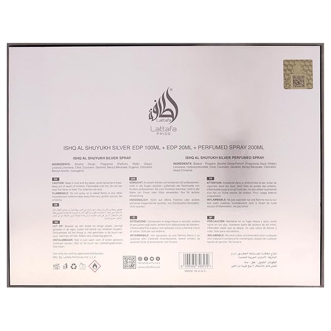 Lattafa Pride - Ishq Al Shuyukh Silver for Men - 3 Pc Gift Set 3.4oz EDP Spray, 6.67oz Perfumed Body Spray, 0.67oz EDP Spray