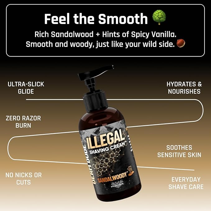Derm Dude Illegal Shave Cream for Men | Ultra-Slick Shaving Cream for Sensitive Skin | Fights Razor Burn, Bumps, Nicks & Cuts | Smooth Glide Formula – Sandalwoody Scent, 8oz