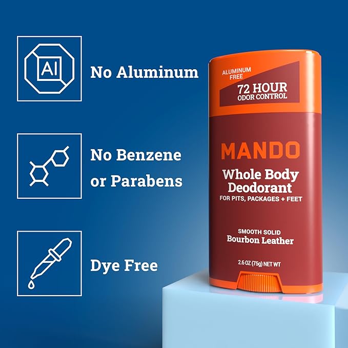 Mando Whole Body Deodorant 3 pc System - 2.6oz Smooth Solid Stick, 5.0oz 4in1 Acidified Cleansing Bar, & 15ct Deodorant Wipes - Aluminum & Baking Soda Free Odor Control - 3 pc Bundle (Bourbon Leather)