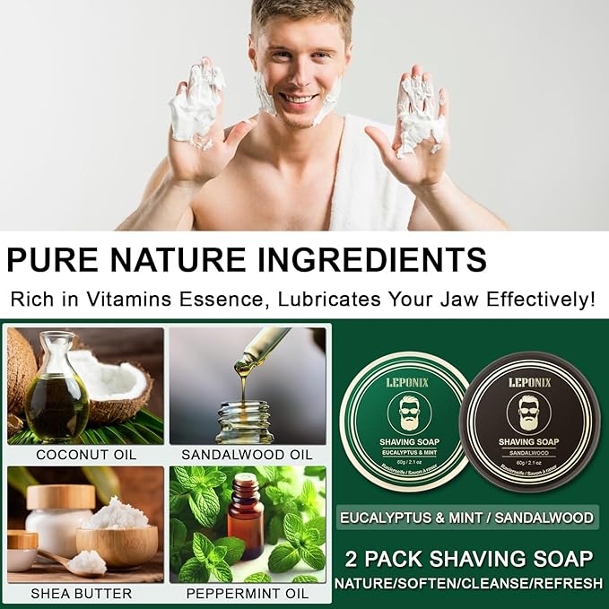 Shaving Kit for Men, Including Eucalyptus & Mint Pre-Shave Oil, After Shave Balm, 2 Packs Shaving Soap, Shaving Brush and Bowl, Beard Bib, Unique Gift for Men Stocking Stuffers
