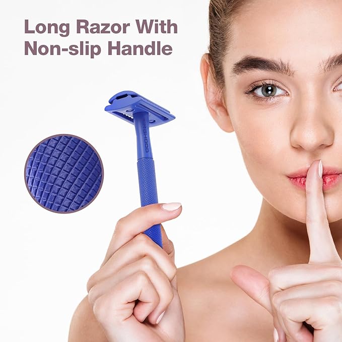 Kinghood Double Edge Safety Razor, Single Blade Razors with 10 Stainless Steel Blades, Reusable Metal Shaving Razor for Women and Men - Dark Blue