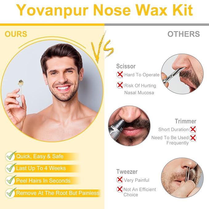Nose Wax Kit for Men Women, Yovanpur Nose Hair Waxing Kit with 100g Nose Hair Wax Beads (15-20 USES), 20 Applicator, 15 Mustache Protector, 10 Paper Cups, 1 Measuring Cup - Easy, Quick and Painless
