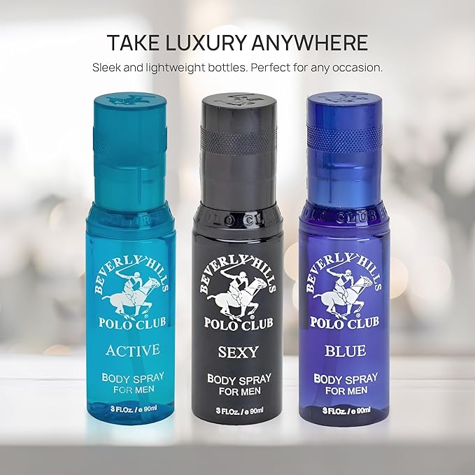 Beverly Hills Polo Club Men's Luxury Body Spray Gift Set - 3 x 3 oz Distinct Designer Fragrances for All-Day Freshness, Gym, Travel & Everyday Confidence (Silver Collection)