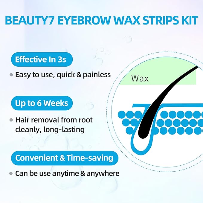 Beauty7 Eyebrow Wax Strips High-arched Eyebrow Wax Strips Kit Hair Removal at Home Waxing 24 Strips with Pearl Powder Essential Oil for Sensitive All Skin Types Women