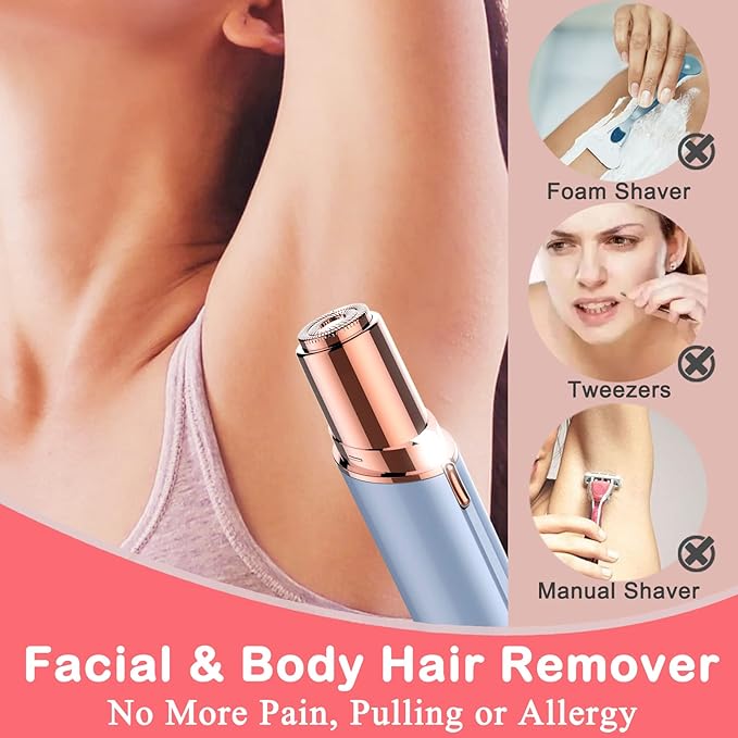 Facial Hair Remover, Removal Shaver for Women, Rosarden USB Rechargeable IPX6 Waterproof Eyebrow Face Razor Trimmer for Lips, Body, Arms, Mustaches, Fuzz and Chin (Blue)