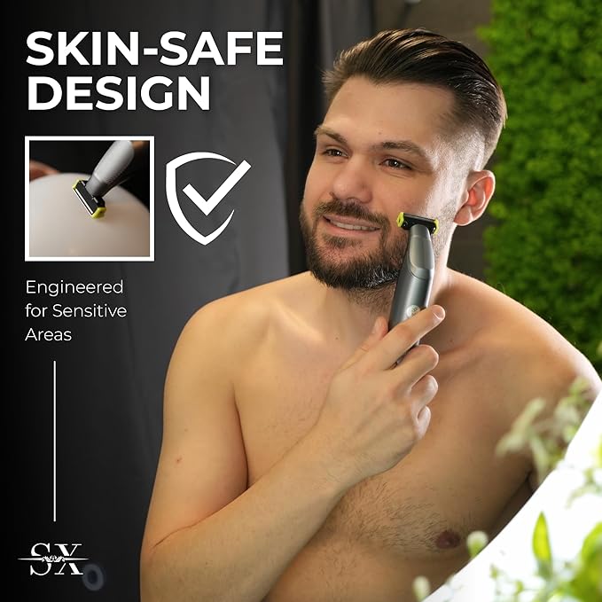 SX-PRO Body Hair Trimmer & Electric Razor for Men | Skin-Safe Razor Blades for Sensitive Areas | Pubic Hair, Chest, Legs, Bikini & Full Body Shaver, Rechargeable Waterproof | Silver
