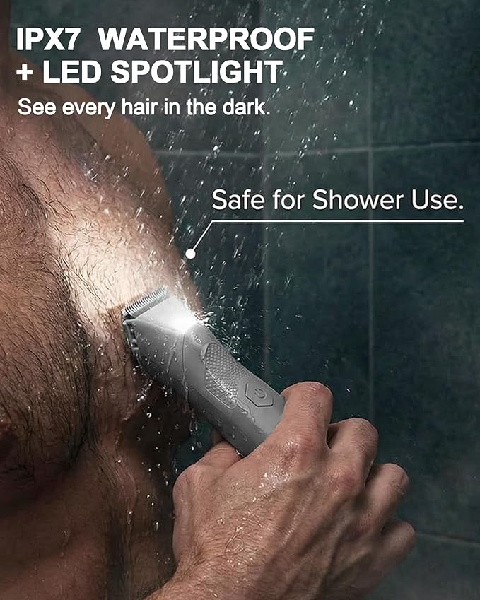 Body Trimmer for Men - Groin & Ball Shaver with Charging Dock - Constant Power No-Pull Electric Pubic Hair Clipper - 5-in-1 Guard Waterproof Body Groomer with LED Light