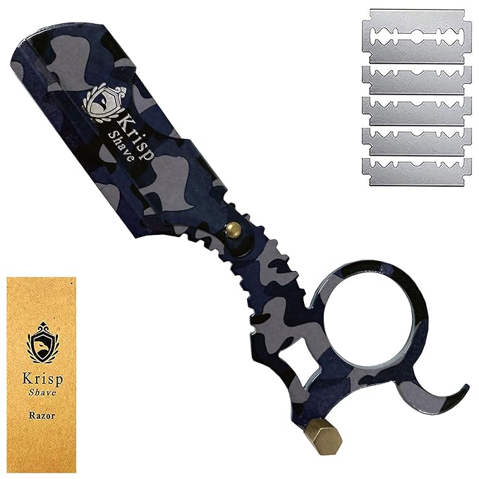 Straight Razor with 10 Shaving Blades Razors for Men - Professional Barber Straight Edge Razor for Close Shaving Cut Throat Shavette Men Beard Shave Manual Blade Holder By Krisp Beauty Blue Camo
