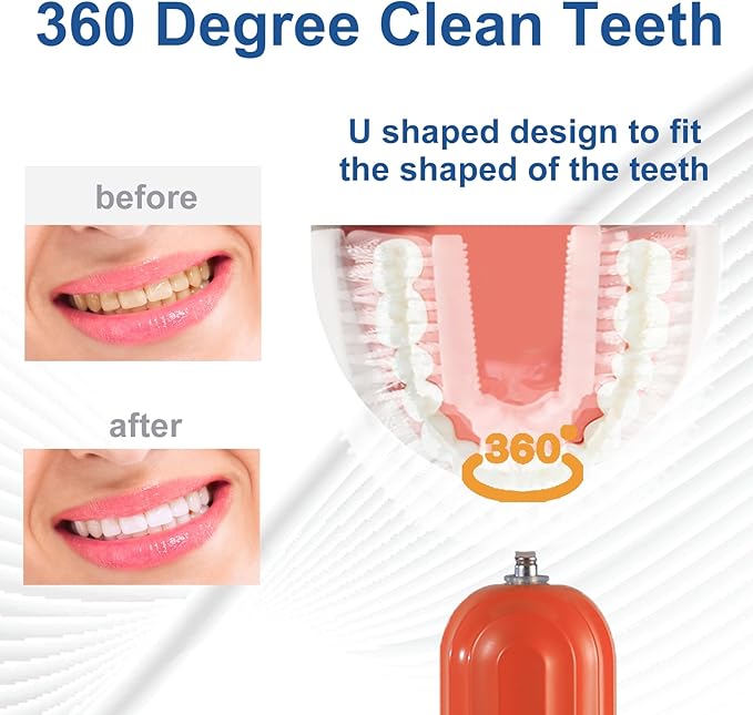 Ultrasonic U Shaped Toothbrush for Adults, Electric Toothbrush for 360-degree Cleaning with Wireless Charging, Waterproof IPX7, 3 Modes for Teeth Whitening(Orange)