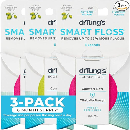 DrTung's Smart Floss - Natural Floss, PTFE & PFAS Free Floss, Gentle on Gums, Expands & Stretches, BPA Free - Natural Dental Floss Cardamom Flavor (Pack of 3)