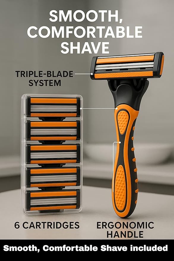 Triple Blade Razor for Men – Lubricating Strip Shaving System with Anti-Slip Handle & 6 Replacement Cartridges – Smooth & Comfortable Shave