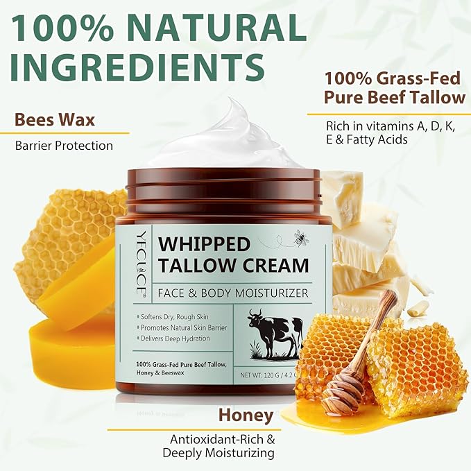 Beef Tallow for Skin, Tallow and Honey Balm (4.2 oz) - Tallow Face Moisturizer, Deeply Moisturizing Grass-Fed Tallow Face Moisturizer for Body - All-Natural Hydration for Soft, Supple Skin