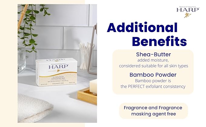 HARP pH-Balanced (5.0-6.0) Exfoliating Body Wash Bar - FRAGRANCE FREE. Bamboo Powder Exfoliation -the perfect consistency. Soap/Lye/Preservative/Dye/Masking agent-Free. Non-comedogenic. 5oz