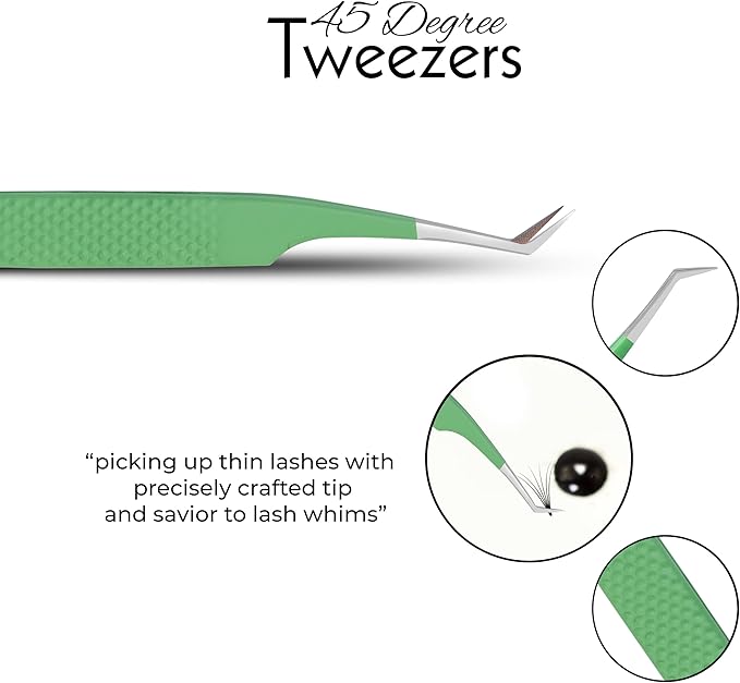 SIVOTE Lash Tweezers for Eyelash Extensions Fiber Tips, Set of 3, 45 Degree, Curved, Volume Boot, Dark Green Red Green