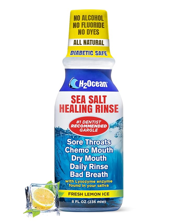 H2Ocean Healing Rinse Natural Sea Salt Mouthwash - Alcohol & Fluoride-Free Oral Care for Tonsil Stones, Sore Throats, Wisdom Teeth Recovery & Gum Health - Whitening Mouthwash, Lemon Ice, 8 oz