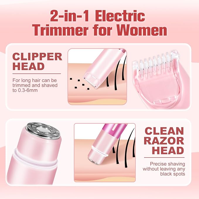 Bikini Trimmer for Women, 2 in 1 Electric Razor with LED Light, Rechargable Dual Head Electric Shaver Body Hair Remover, Painless Wet/Dry Use for Women Girls Travel