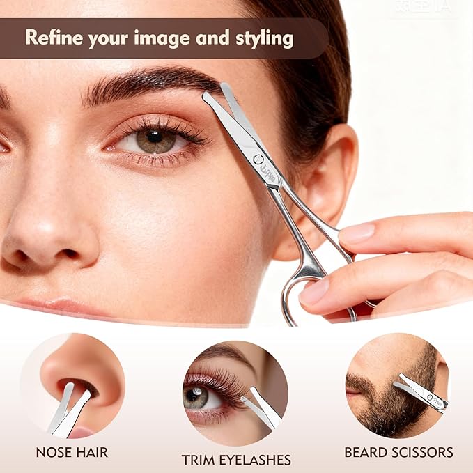 Eyebrow Scissors, 3.75” Round Tip for Safe Nose Hair, Mustache & Bikini Trimming, Premium Stainless Steel Small Scissors with Case