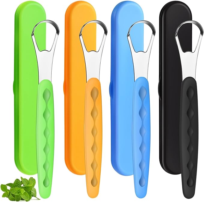 4 Pcs Tongue Scraper Cleaner Adults and Kids Stainless Steel Tongue Brush Metal Tongue Scraper Reduce Bad Breath with Travel Cases for Men Women Oral Mouth, Orange, Black, Green and Blue