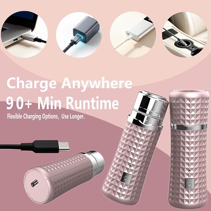 Women's Electric Shaver, Portable Facial Hair Remover for Women, Painless Peach Fuzz Trimmer for Face & Arms, USB-C Rechargeable 90 Mins Use, Sensitive Skin Friendly,Rose Gold