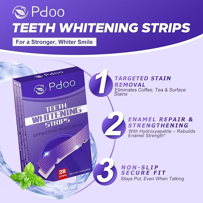 Teeth Whitening Strips 14 Treatments - 14 Days Treatment with Non-Slip & Enamel-Safe & No-Sensitivity, Teeth Whitening Kit for Coffee, Wine Stains Removal Fastly (28 Strips - Purple)