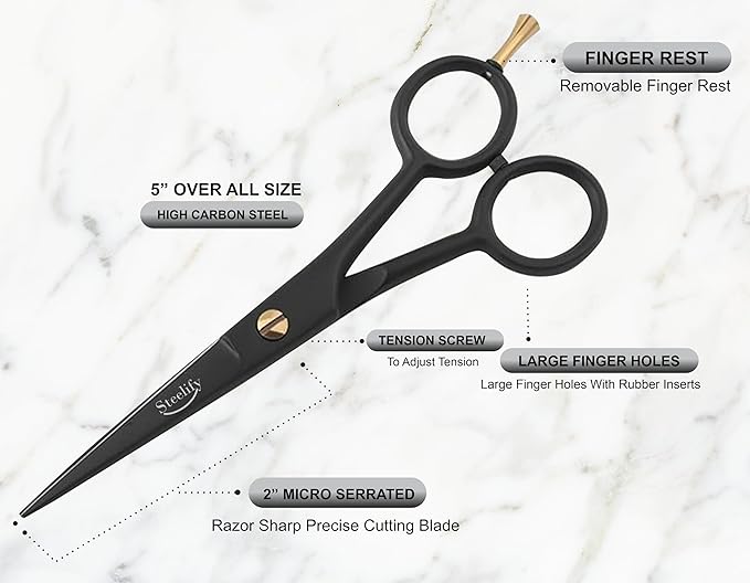 5" Beard Mustache Scissors with 1 Mustache Comb, 1 Beard Comb and Leather Pouch – Professional Beard Trimming Scissors for All Facial Hair – Grooming Scissors Men