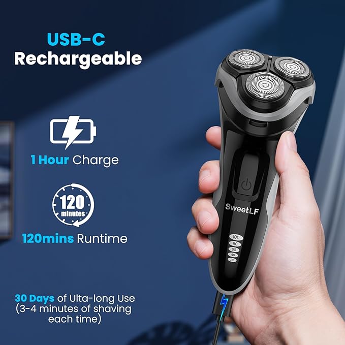 SweetLF Men's Electric Razor - 120 min runtime, 1-Hour Fast Charge, IPX7 Fully Waterproof, Wet & Dry Rotary Shaver with pop-up Trimmer, Type-C Rechargeable