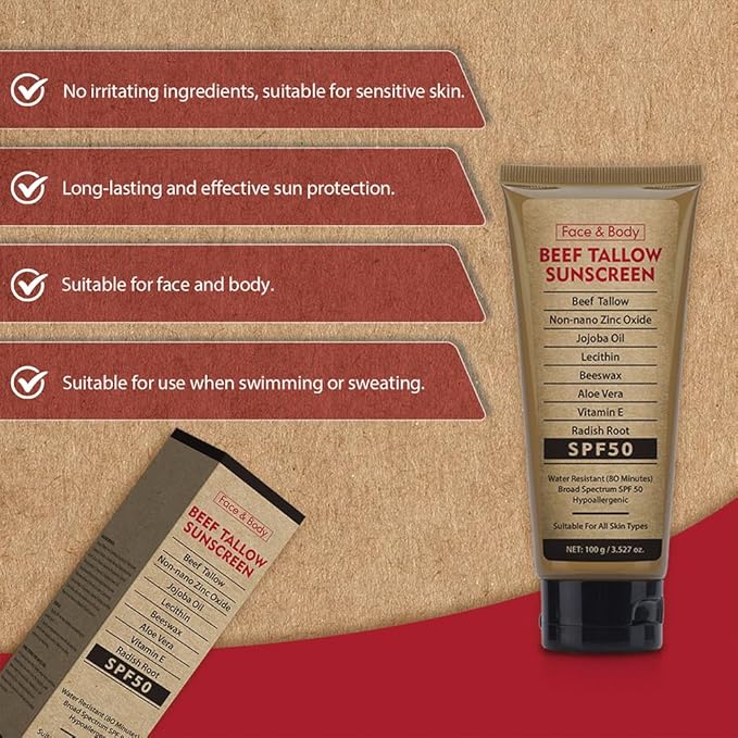Beef Tallow Sunscreen for Face & Body: SPF 50 Zinc Oxide Sunblock, Non-Greasy Clean Formula, Sun Balm for Summer Outdoor Travel