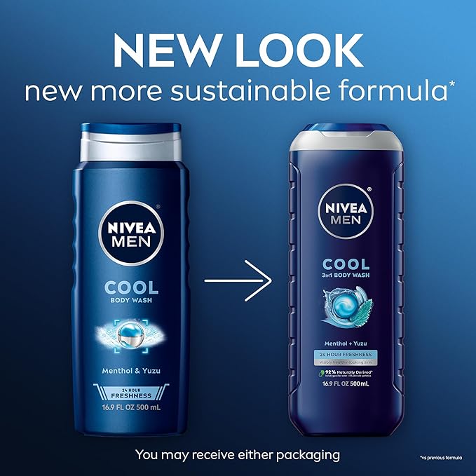 NIVEA MEN Cool Body Wash, Icy Menthol and Yuzu Scent, 3-in-1 Men's Body Wash, Face and Hair, Paraben Free, pH-Skin Friendly, 16.9 Fl Oz Bottle, Pack of 3
